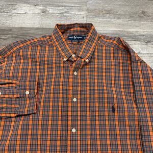 Vintage 90s Ralph Lauren Orange Blue Tartan Plaid Mens L‎ Button Down Big Shirt